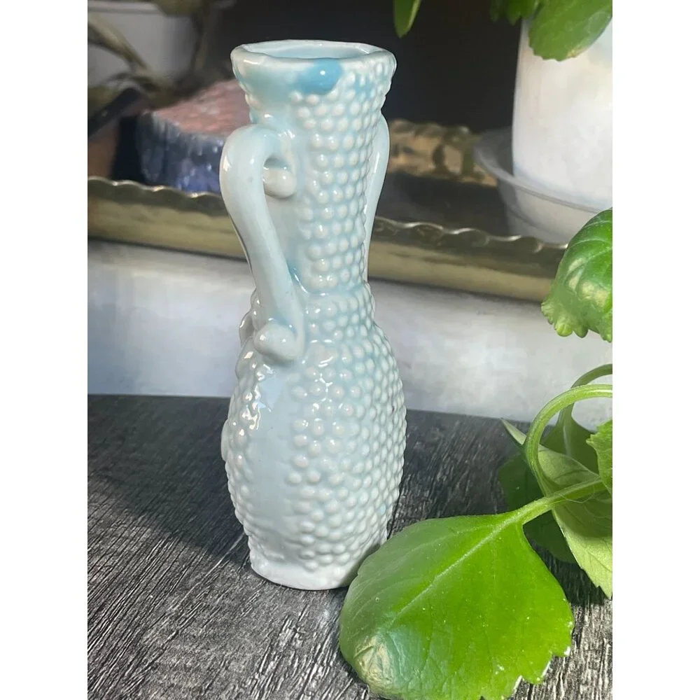 Vtg Yoko Boeki Japan Blue Lusterware Bud Vase - Applied Rose Hobnail Clover Mark